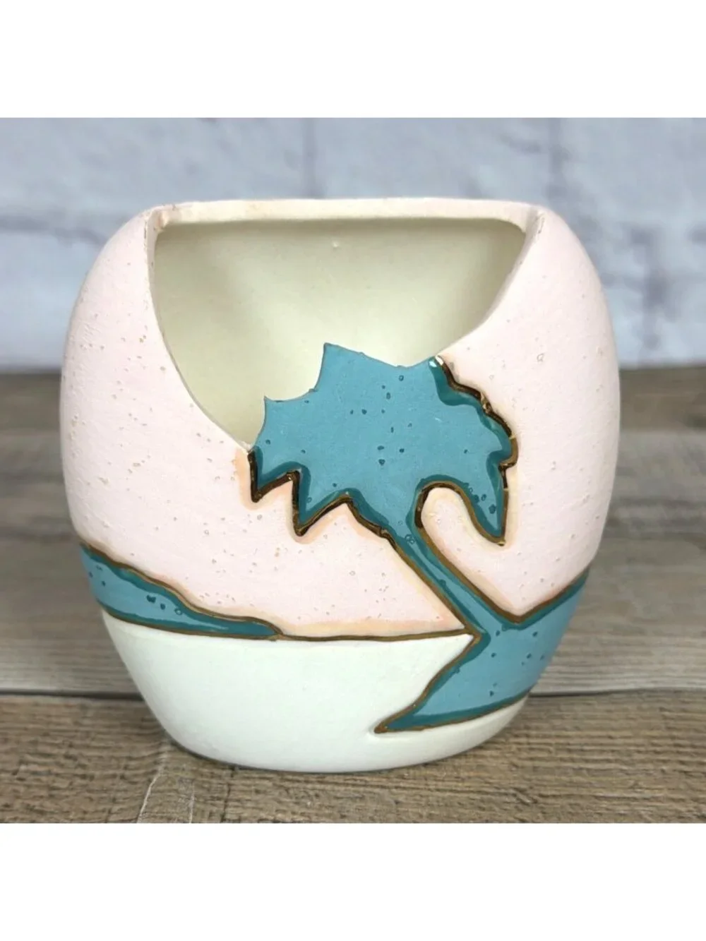 Vintage Pink Green Palm Tree Sand Art Pottery Candle Holder 24k Gold Trim Unused - Picture 10 of 10